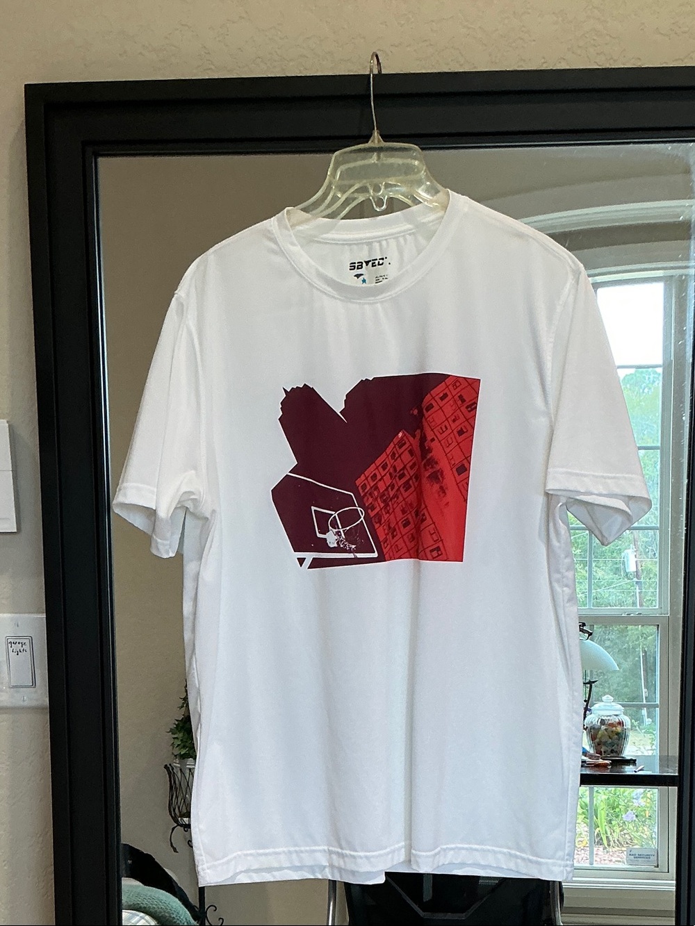 White Short-Sleeve Tee with Red Basketball Graphic
